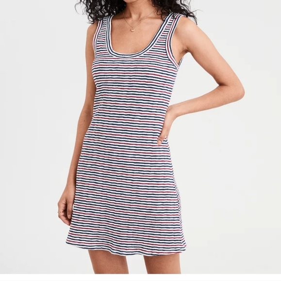 💚5/$25 AEO Ribbed Stripe SleevelessTank Dress Size XS Navy White Red Stretch - Picture 1 of 8